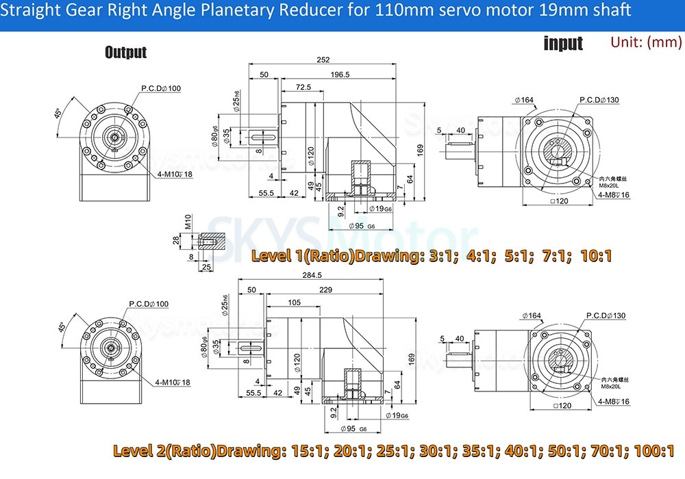 PVE120-Serie, 90&deg;-Winkelplanetengetriebe, &Uuml;bersetzung 3:1 &ndash; 100:1, f&uuml;r 110-mm-/130-mm-Servomotoren, 19/22/24-mm-Eingangsbuchse